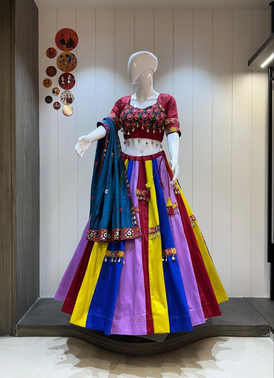 8 MTR Flair Pure Jam Cotton Fabric with Heavy Gaamthi Laces Chaniya Choli