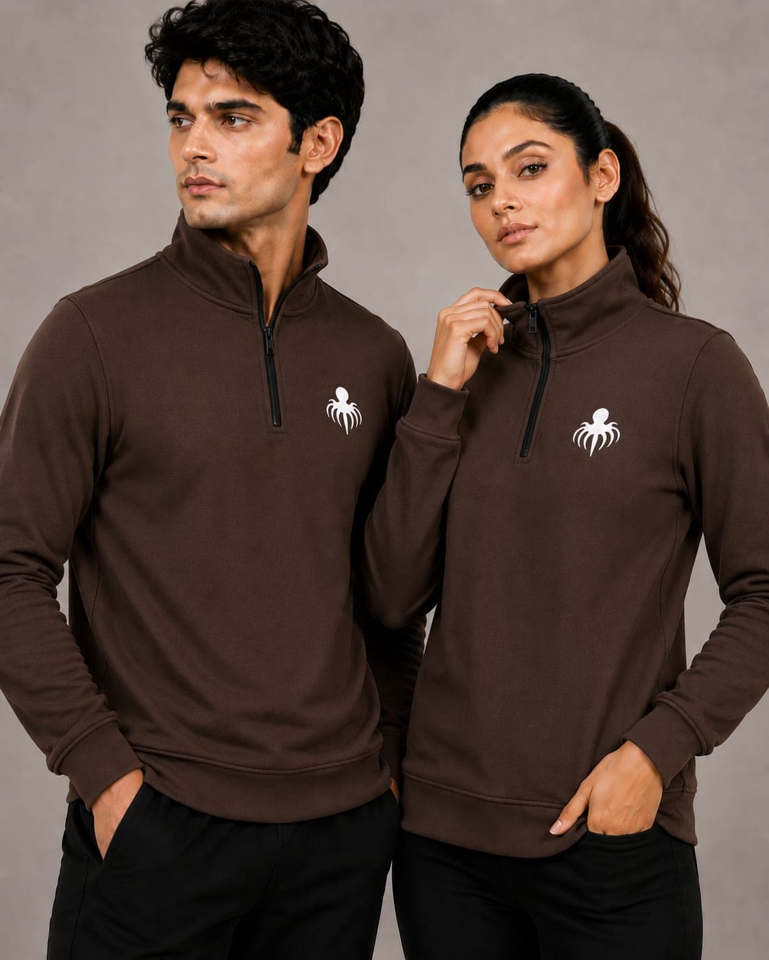 Premium Spun Fleece Chocolate Brown Half Zip Jacket