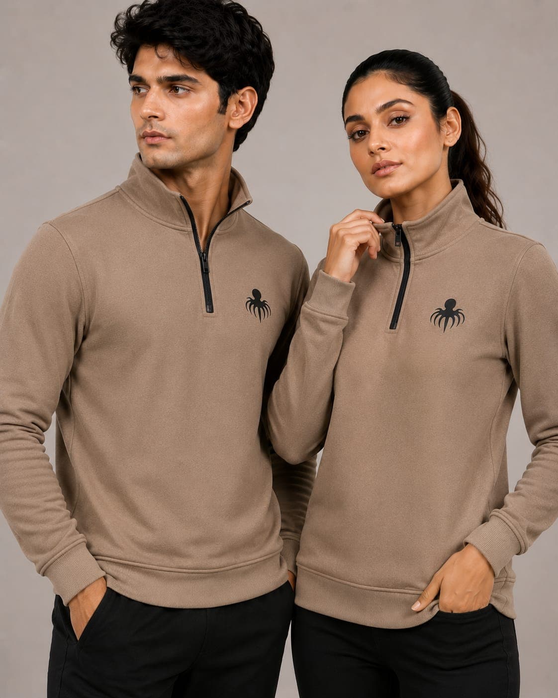 Premium Spun Fleece Light Brown Half Zip Jacket