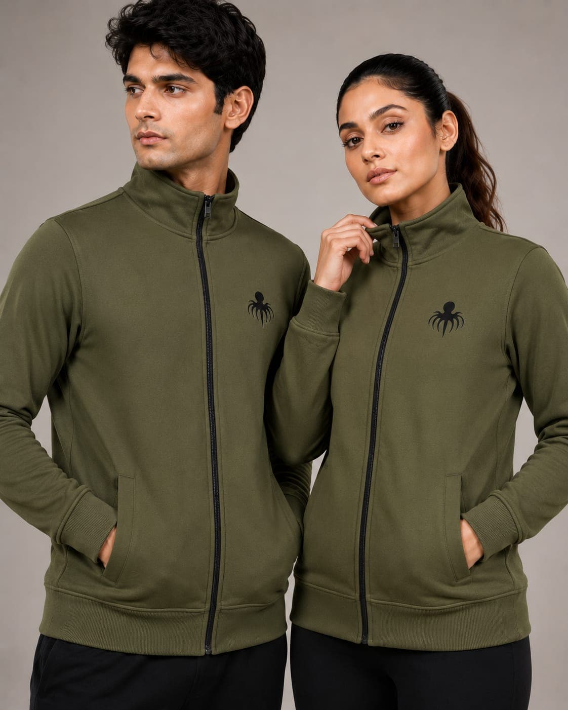 Premium Spun Fleece Olive Green Full Zip Jacket