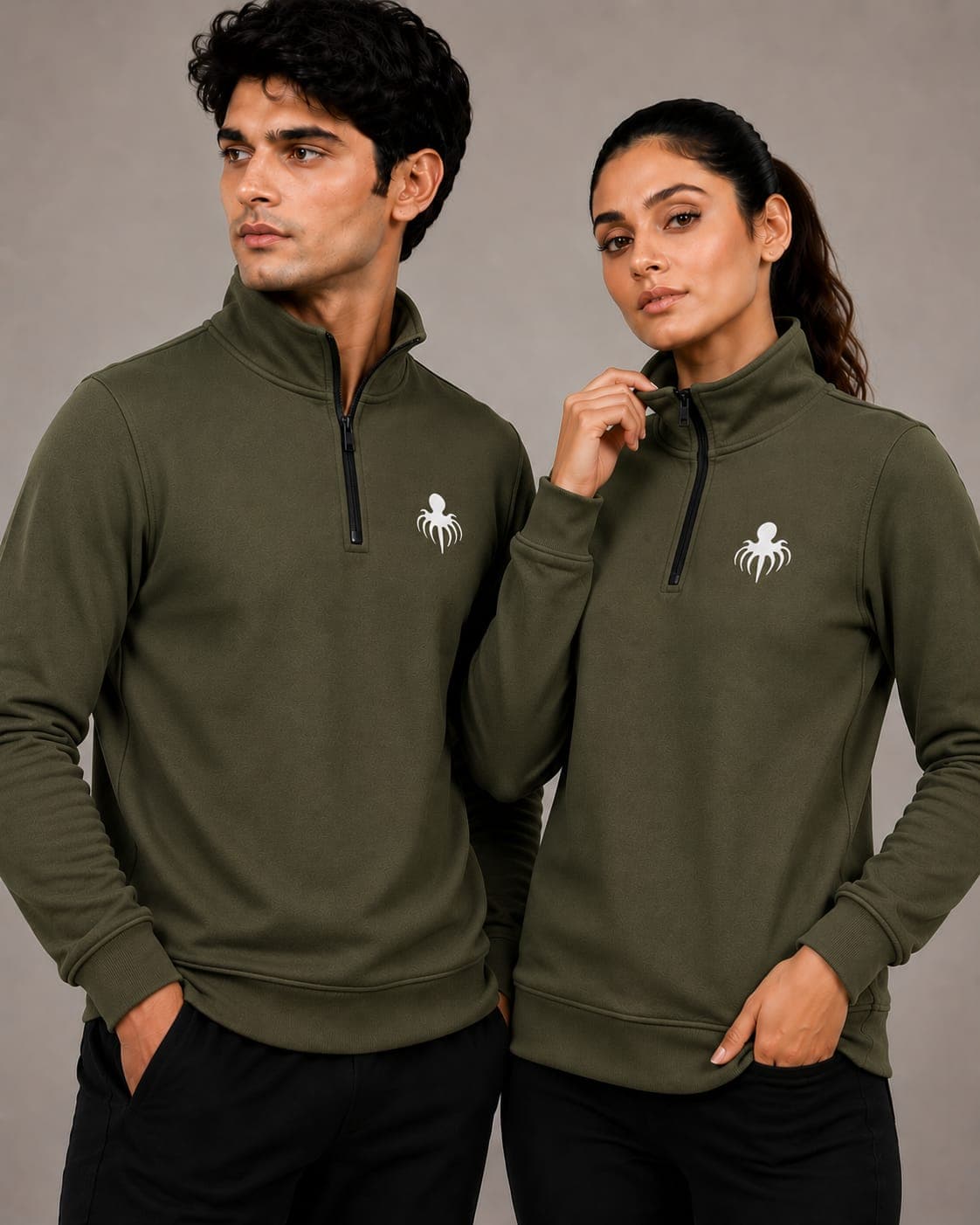 Premium Spun Fleece Olive Green Half Zip Jacket