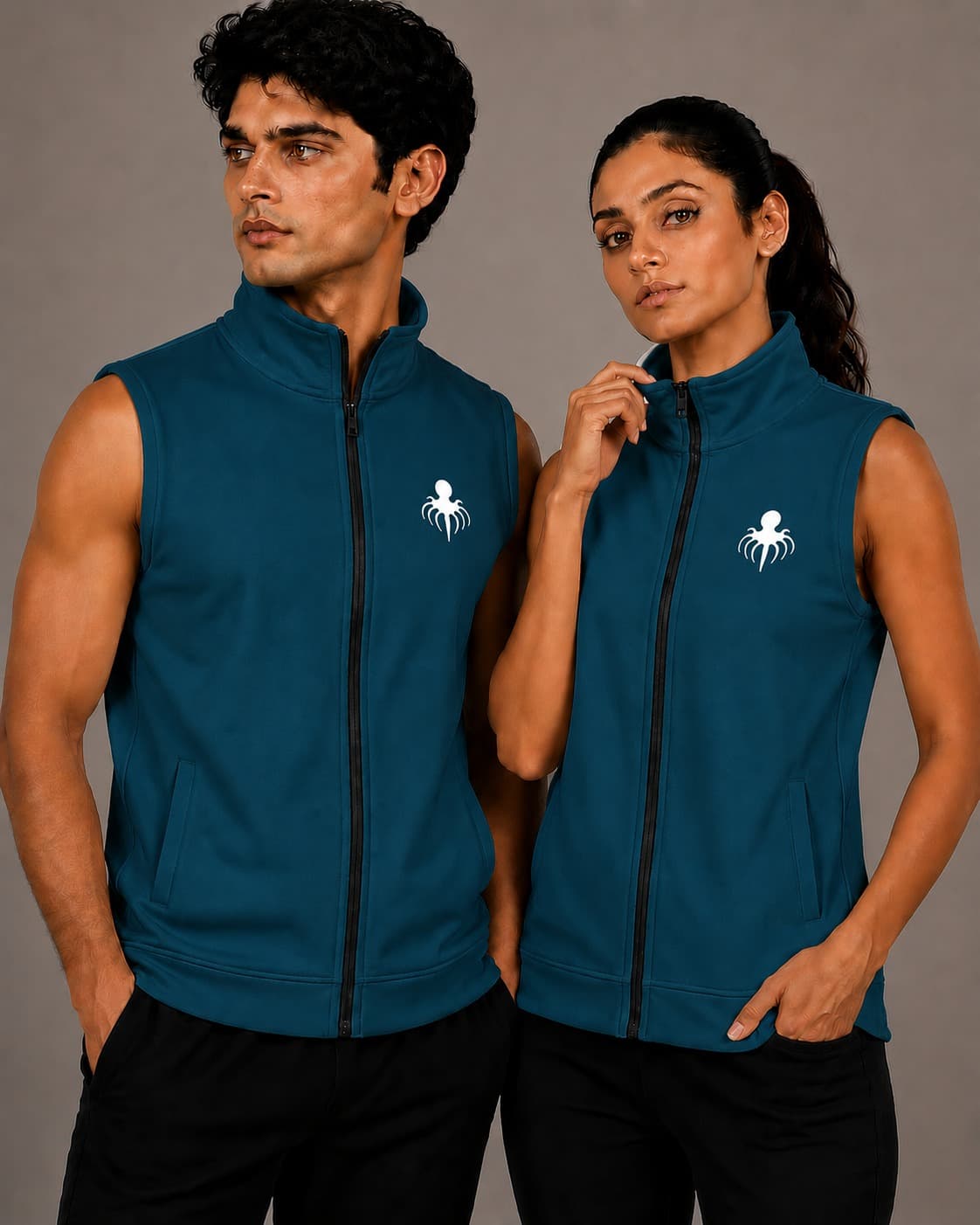Premium Spun Fleece Peacock Blue Sleeveless Jacket