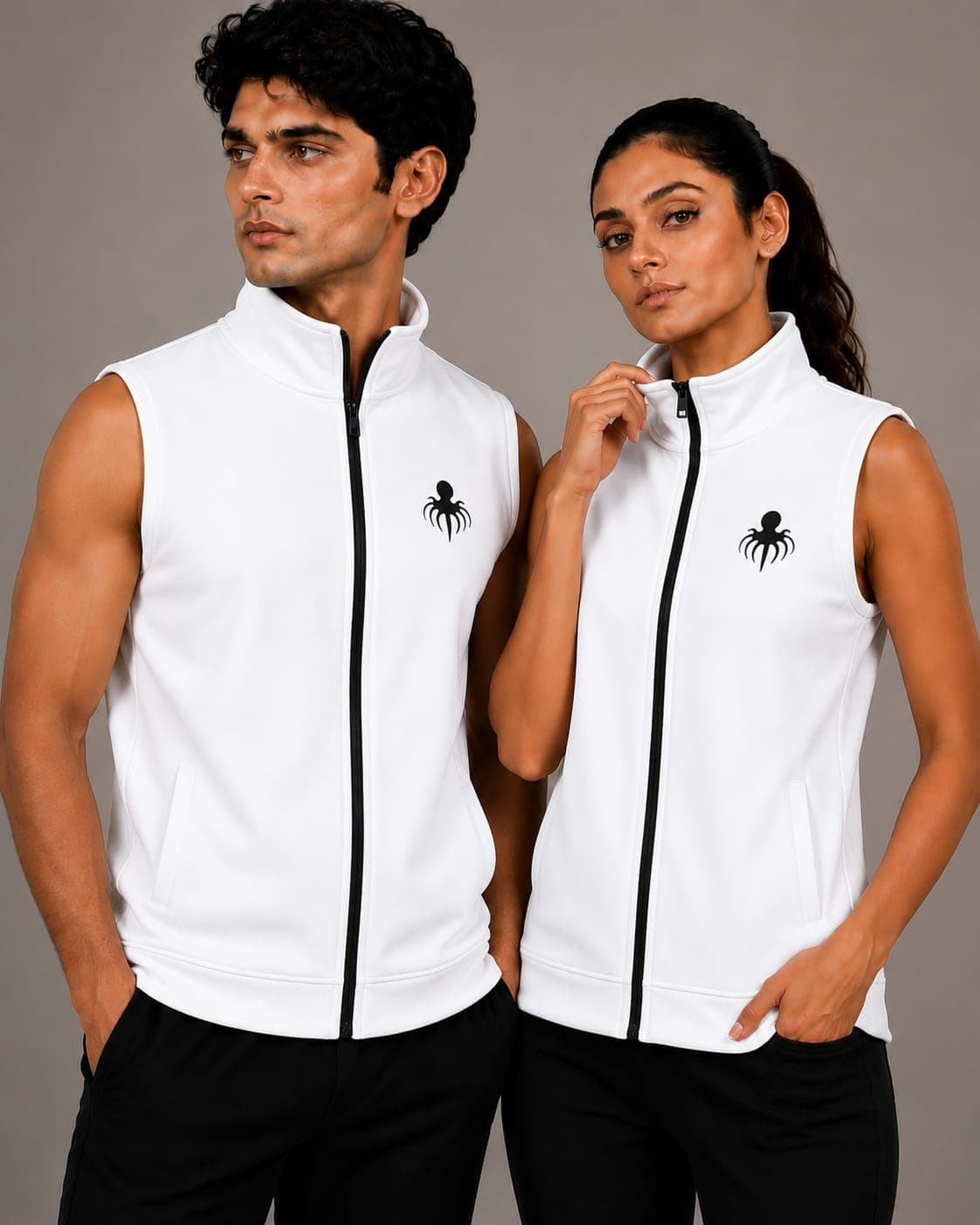Premium Spun Fleece White Sleeveless Jacket